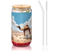 WZYCWB Cammello che cammina 16 once bambù coperchio paglia tazza di vetro tazze da caffè ghiacciato carino tazze da tè ghiacciato tazze da birra ideali per accessori bar caffè regali estetici