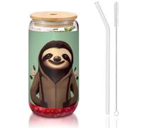 WZYCWB Cartone animato Bradipo 16oz bambù coperchio paglia tazza di vetro tazze da caffè ghiacciato carino tazze da tè ghiacciato tazze da birra ideali per accessori bar caffè regali estetici