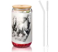 WZYCWB Cavallo forte. 16 once coperchio in bambù tazza di vetro tazza di vetro tazze da caffè ghiacciate carine tazze da tè ghiacciate tazze da birra ideali per accessori da bar regali estetici