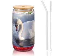 WZYCWB Cigno bianco che gioca nell'acqua 16 once coperchio di bambù tazza di vetro tazza di vetro tazze da caffè ghiacciato carine tazze da tè ghiacciato tazze da birra ideali per accessori bar caffè