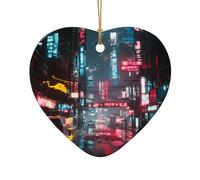 WZYCWB Ciondolo in ceramica a forma di cuore con motivo Cyber Neon Street, perfetto per decorare l'albero di Natale in casa per feste invernali