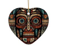 WZYCWB Ciondolo in ceramica a forma di cuore con motivo totem tribale primitivo, perfetto per decorare l'albero di Natale in casa per feste invernali