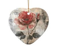 WZYCWB Ciondolo in ceramica a forma di cuore con rose rosa in fiore, perfetto per decorare l'albero di Natale in casa per feste invernali