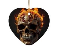WZYCWB Ciondolo in ceramica a forma di cuore con teschio di fiamma, perfetto per decorare l'albero di Natale in casa per feste invernali