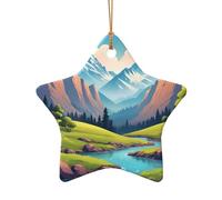 WZYCWB Ciondolo in ceramica a forma di stella con montagne verdi e acque limpide, perfetto per decorare l'albero di Natale in casa per feste invernali