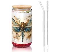 WZYCWB Delicata libellula dorata su sfondo giallo 16 once coperchio in bambù tazza di vetro tazza di vetro tazze da caffè ghiacciato carino tazze da tè ghiacciato tazze da birra ideali per accessori