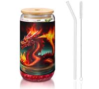 WZYCWB Dragon King in Fire 16 once coperchio in bambù tazza di vetro tazza di vetro tazze da caffè ghiacciato carino tazze da tè freddo tazze da birra ideali per accessori bar caffè regali estetici