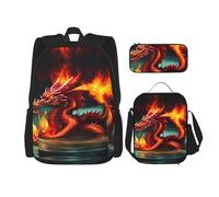 WZYCWB Dragon King in Fire Set zaino (set da 3 pezzi) - borsa per la scuola per studenti + astuccio + borsa per il pranzo, zaino grande capacità, nero, Taglia unica