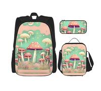WZYCWB Dream Mushroom - Set di 3 zaini per la scuola + astuccio + borsa per il pranzo, zaino di grande capacità, nero, Taglia unica