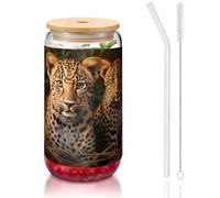WZYCWB Due fratelli leopardo 16 once coperchio di bambù tazza di vetro tazza di vetro tazze da caffè ghiacciato carino tazze da tè ghiacciato tazze da birra ideali per accessori bar caffè regali