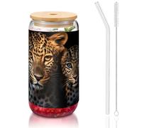WZYCWB Due leopardi che si accoccolano insieme 16 once coperchio di bambù tazza di vetro tazza di vetro tazze da caffè ghiacciato carino tazze da tè freddo tazze da birra tazze ideali per caffè