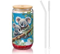 WZYCWB Due simpatici koala 16 once coperchio in bambù tazza di vetro tazza di vetro tazze da caffè ghiacciato carino tazze da tè ghiacciato tazze da birra ideali per accessori bar caffè regali