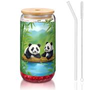 WZYCWB due simpatici panda 16 once coperchio in bambù tazza di vetro tazza di vetro tazze da caffè ghiacciato carino tazze da tè ghiacciato tazze da birra ideali per accessori bar caffè regali
