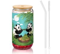 WZYCWB Due simpatici panda da 16 once coperchio in bambù tazza di vetro tazza di vetro tazze da caffè ghiacciato carino tazze da tè ghiacciato tazze da birra ideali per accessori bar caffè regali
