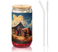 WZYCWB Farm Red Tractor 16oz bambù coperchio paglia tazza di vetro tazze da caffè ghiacciato carino tazze da tè ghiacciato tazze da birra ideali per caffè accessori bar regali estetici