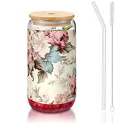 WZYCWB Flora vibrante 16 once bambù coperchio paglia tazza di vetro tazze da caffè ghiacciato carino tazze da tè ghiacciato tazze da birra ideali per accessori bar caffè regali estetici