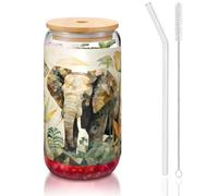 WZYCWB Forti elefanti. 16 once coperchio di bambù tazza di vetro di paglia Tazze da caffè ghiacciate carine tazze da tè ghiacciate tazze da birra ideali per accessori da bar regali estetici