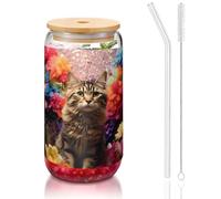 WZYCWB Gattini tra i fiori Bicchiere con coperchio in bambù stampato per caffè freddo e caldo freddo, tè al latte e birra. Un elegante bicchiere d'acqua.