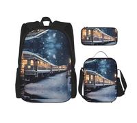 WZYCWB Grazioso zaino da scuola con treno notturno innevato + astuccio + borsa per il pranzo zaino combinato adatto per i pendolari quotidiani