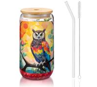 WZYCWB Gufo illustrazione stampato bambù coperchio vetro per caffè freddo caldo e freddo, tè al latte e birra. Un elegante bicchiere d'acqua.
