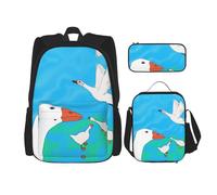 WZYCWB Happy White Goose Set zaino (set da 3 pezzi) - borsa per la scuola per studenti + astuccio + borsa per il pranzo, zaino di grande capacità