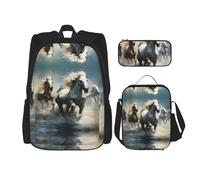 WZYCWB Horses running wild in the river Set zaino (set da 3 pezzi) - borsa per la scuola per studenti + astuccio + borsa per il pranzo, zaino grande capacità, nero, Taglia unica
