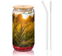 WZYCWB Il bicchiere con coperchio in bambù stampato con frumento tramonto per caffè freddo e caldo, tè al latte e birra. Un elegante bicchiere d'acqua.