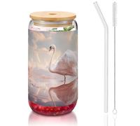 WZYCWB Il cigno bianco. 16 once coperchio in bambù tazza di vetro tazza di vetro tazze da caffè ghiacciate carine tazze da tè ghiacciate tazze da birra ideali per accessori da bar regali estetici