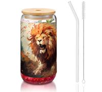 WZYCWB Il leone arrabbiato. 16 once coperchio di bambù tazza di vetro tazza di vetro tazze da caffè ghiacciato carine tazze da tè ghiacciato tazze da birra ideali per accessori bar caffè regali