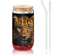 WZYCWB Il leopardo dagli occhi profondi 16 once coperchio di bambù tazza di vetro tazza di vetro tazze da caffè ghiacciato carino tazze da tè freddo tazze da birra ideali per accessori bar caffè