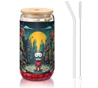 WZYCWB La città meccanica con figure rosse 16 once coperchio di bambù tazza di vetro tazza di vetro tazze da caffè ghiacciato carino tazze da tè ghiacciato tazze da birra ideali per accessori bar