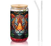 WZYCWB La potente tigre. 16 once coperchio di bambù tazza di vetro tazza di vetro tazze da caffè ghiacciate carine tazze da tè ghiacciate tazze da birra ideali per accessori bar caffè regali estetici
