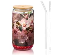 WZYCWB L'ape laboriosa. 16 once bambù coperchio paglia tazza di vetro tazze da caffè ghiacciato carino tazze da tè ghiacciato tazze da birra ideali per accessori bar caffè regali estetici