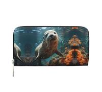 WZYCWB Le pochette in pelle Lion's Gaze con cerniera e porta carte sono perfette per i viaggi o l'uso quotidiano, Sigillare il cucciolo nell'acqua, Taglia unica