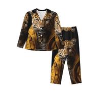 WZYCWB Leopard in una giacca di pelle stampa pigiama da donna a maniche lunghe set 2 pezzi - morbido e caldo per autunno e inverno, Nero , L