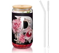 WZYCWB Lettera P in vetro con coperchio in bambù stampato per caffè freddo e caldo, tè al latte e birra. Un elegante bicchiere d'acqua.