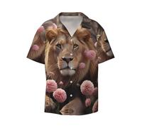 WZYCWB Lion Among Pink Flowers Camicia a maniche corte da uomo - Camicia casual con bottoni, abbigliamento da spiaggia per vacanze, Nero, XL