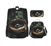 WZYCWB Little Bird Nest Set zaino (set da 3 pezzi) - borsa per la scuola per studenti + astuccio + borsa per il pranzo, zaino di grande capacità, nero, Taglia unica
