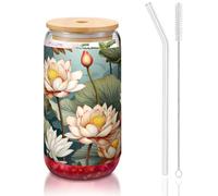 WZYCWB Lotus in the pond - Coperchio in vetro di bambù stampato per caffè freddo e caldo, tè al latte e birra, un elegante bicchiere d'acqua.