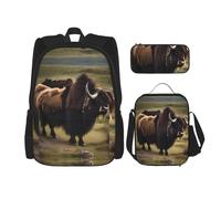 WZYCWB Mighty Highland Yak Set zaino (set da 3 pezzi) - borsa per la scuola per studenti + astuccio + borsa per il pranzo, zaino di grande capacità