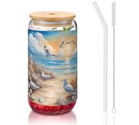 WZYCWB Molti simpatici gabbiani 16 once coperchio di bambù tazza di vetro tazza di vetro tazze da caffè ghiacciato carino tazze da tè ghiacciato tazze da birra ideali per accessori bar caffè regali