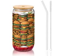 WZYCWB Molti simpatici hamburger in vetro con coperchio in bambù stampato per caffè freddo e caldo, tè al latte e birra. Un elegante bicchiere d'acqua.