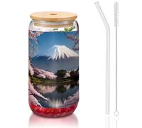 WZYCWB Monte Fuji all'inizio della primavera 16 once bambù coperchio paglia tazza di vetro tazze da caffè ghiacciato carino tazze da tè freddo tazze da birra tazze ideali per bar accessori estetici