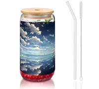 WZYCWB Nuvole bianche sul mare Bicchiere con coperchio in bambù stampato per caffè freddo e caldo freddo, tè al latte e birra. Un elegante bicchiere d'acqua.
