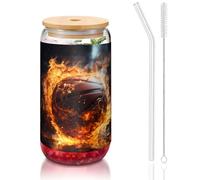 WZYCWB Pallacanestro sul fuoco e fiamma dell'acqua spruzzando 16 once coperchio di bambù tazza di vetro tazza di vetro tazze da caffè ghiacciato carino tazze da tè ghiacciato tazze da birra ideali per
