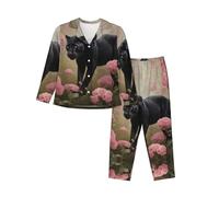 WZYCWB panther among pink flowers stampa pigiama a maniche lunghe da donna - set da 2 pezzi - comodo e casual loungewear, Nero , S