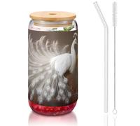 WZYCWB Pavone bianco con schermo aperto 16 once coperchio in bambù tazza di vetro di paglia tazze da caffè ghiacciato carino tazze da tè ghiacciato tazze da birra ideali per accessori bar caffè regali