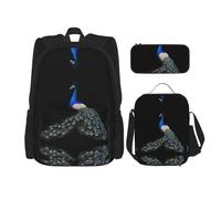 WZYCWB Peacock Spreads Its Tail Set zaino (set da 3 pezzi) - borsa per la scuola per studenti + astuccio + borsa per il pranzo, zaino grande capacità