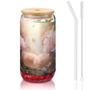 WZYCWB Peonia fiori in sogno Bicchiere coperchio in bambù stampato per caffè freddo e caldo freddo, tè al latte e birra. Un elegante bicchiere d'acqua.