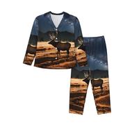 WZYCWB Pigiama caldo a maniche lunghe con motivo alce nel prato, comodo e caldo per l'autunno/inverno, Nero , M